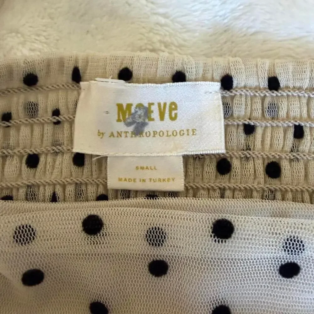 Anthropologie Maeve Ivory Black Polka Dot Ruched Puff Sleeve Blouse S